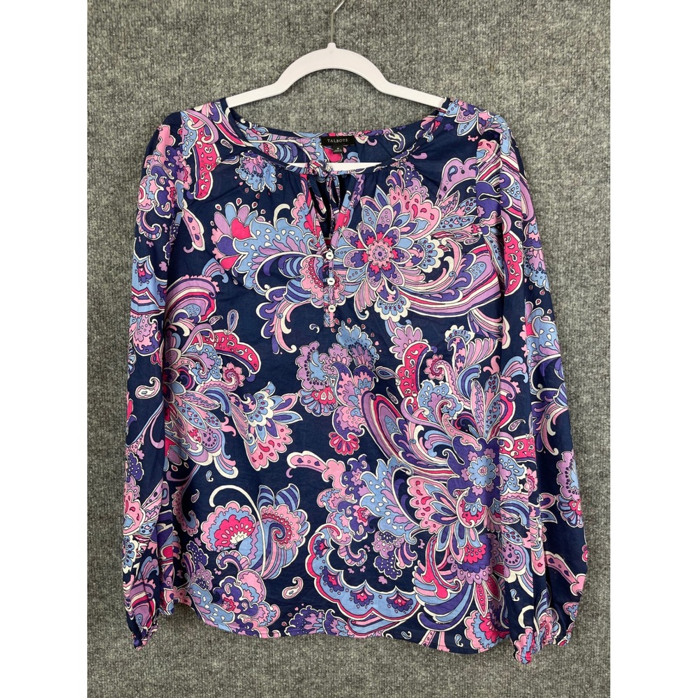 Talbots Blouse Women Medium Navy Pink Excellent Paisley‎ Cotton Tie Neck Top